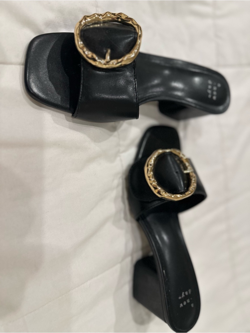 Black Slide Heels with Gold Buckle - Picture 2 of 4